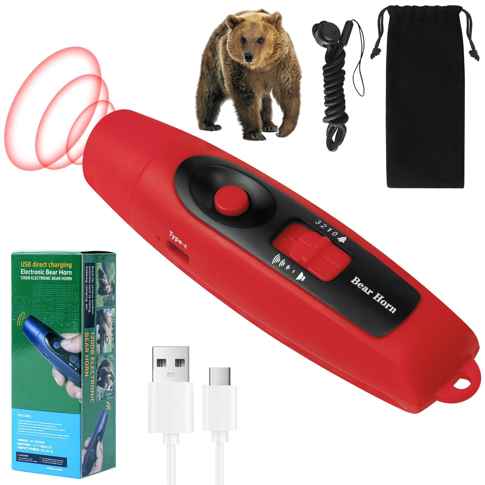 120±5 dB Rechargeable Bear Horn Electronic Air 4 Volume Levels 3 Tones Red