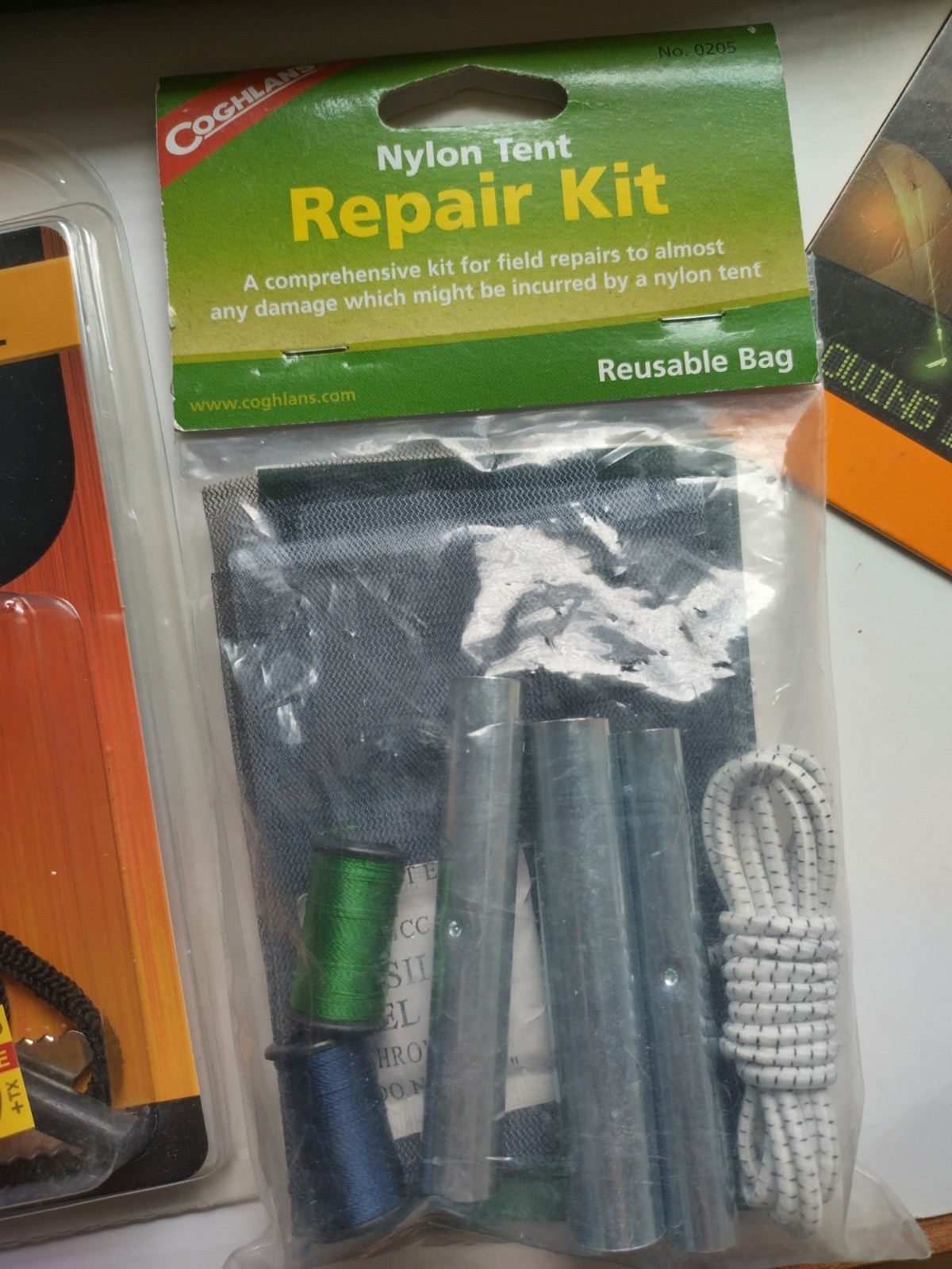 Lot of Camping Gear – 3 Pouches, Glow-in-the-dark Rope, Tent Repair Kit, Etc.