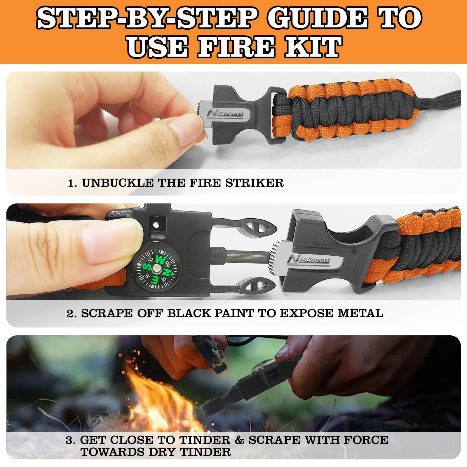Paracord Survival Bracelet (3 Pack) – Adjustable with Fire Starter, Whistle, …