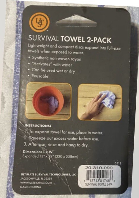 SURVIVAL TOWEL/PACK OF 2, Extends To 23”x11”. Strong Durable Material.