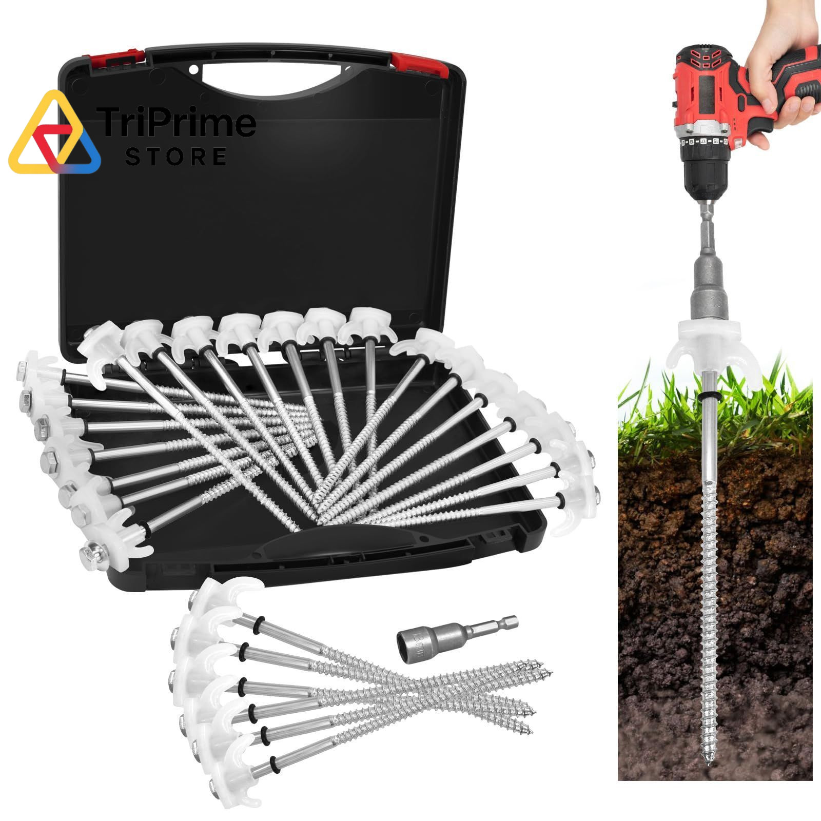 12-Pack 8 Inch Screw Tent Stakes with Glow-in-The-Dark Hex Driver & White
