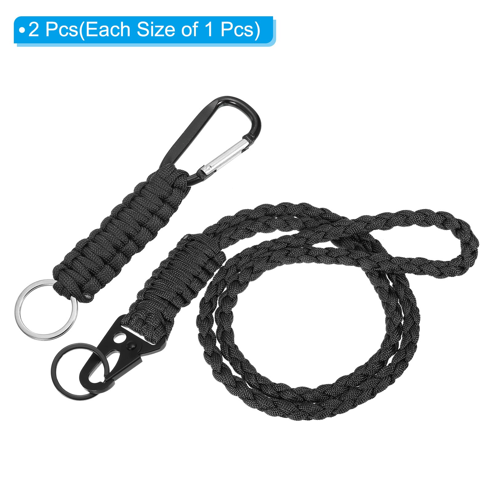 2Pcs Braided Paracord Lanyard Keychain, Paracord Neck Badge Lanyard Black
