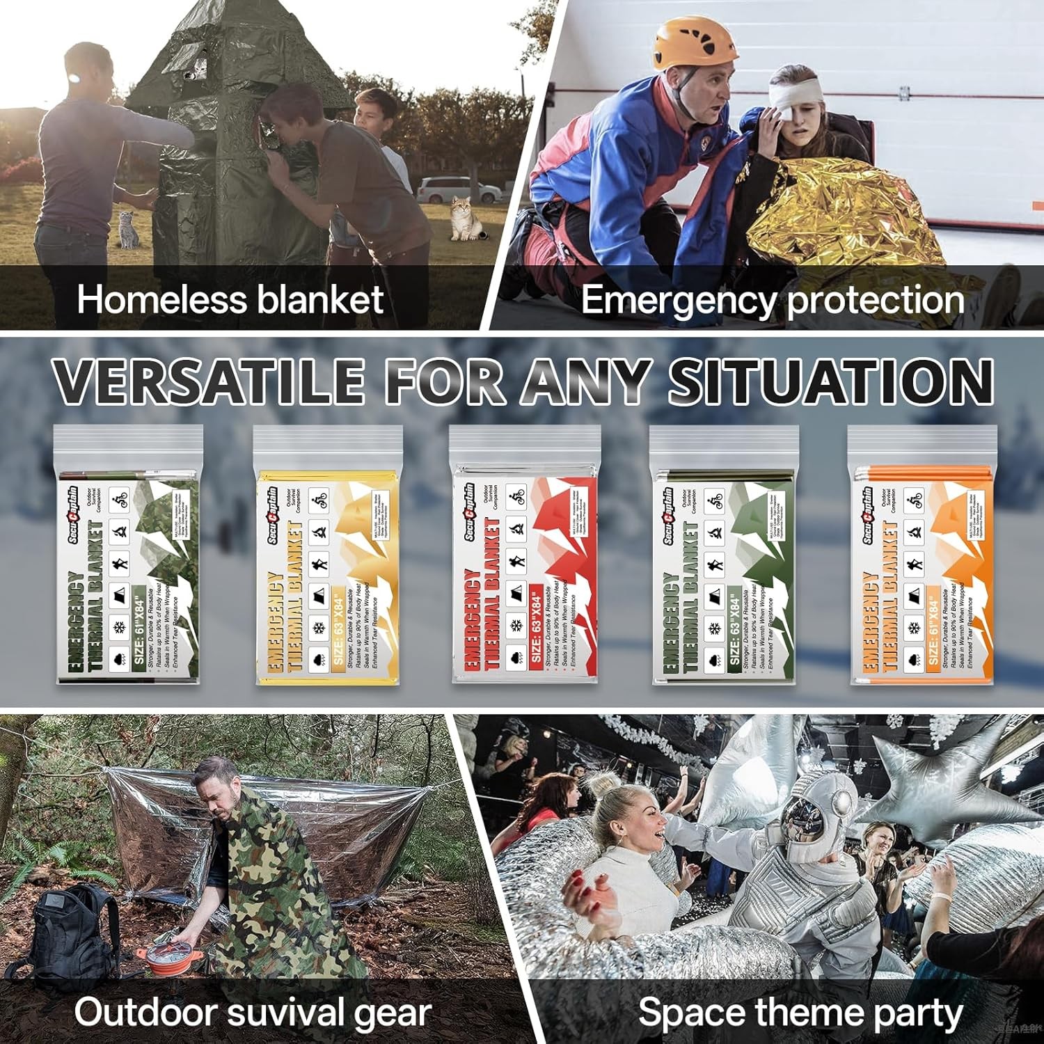 84″x63″ SecuCaptain Survival Mylar Thermal Blankets 4-Pack Outdoor Camping