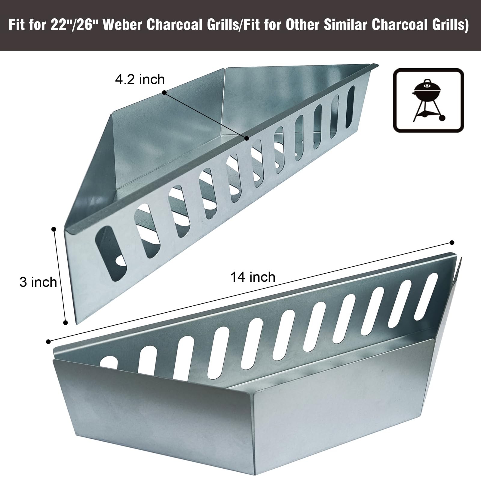 BBQCuker Charcoal Basket,Set of 2 Tray for 14.2x4x3 inches, silver