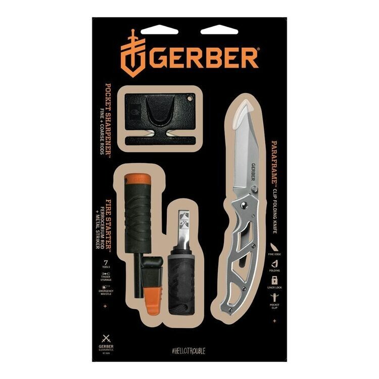 $35 Gerber Survival Kit: Pocket Knife, Fire Starter/Whistle, Sharpener 31-004134