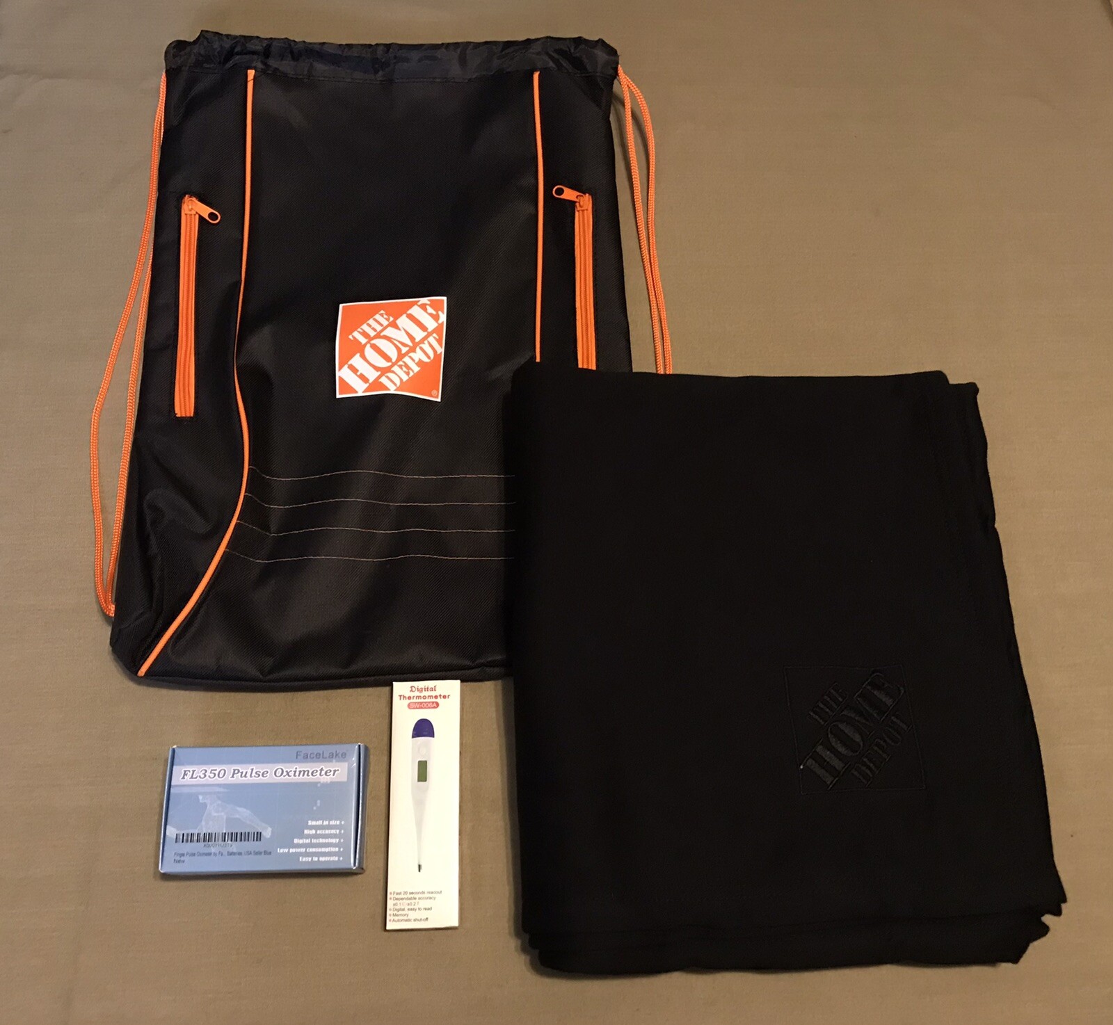 Home Depot Backpack, Blanket, Pulse Oximeter, Digital Thermometer Care Kit Lot