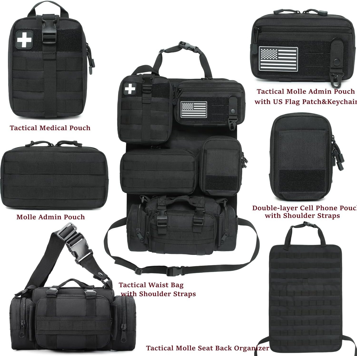6 Pk Tactical Molle Car Back Seat Organizer 1 Panel 5 Detachable Molle Pouches