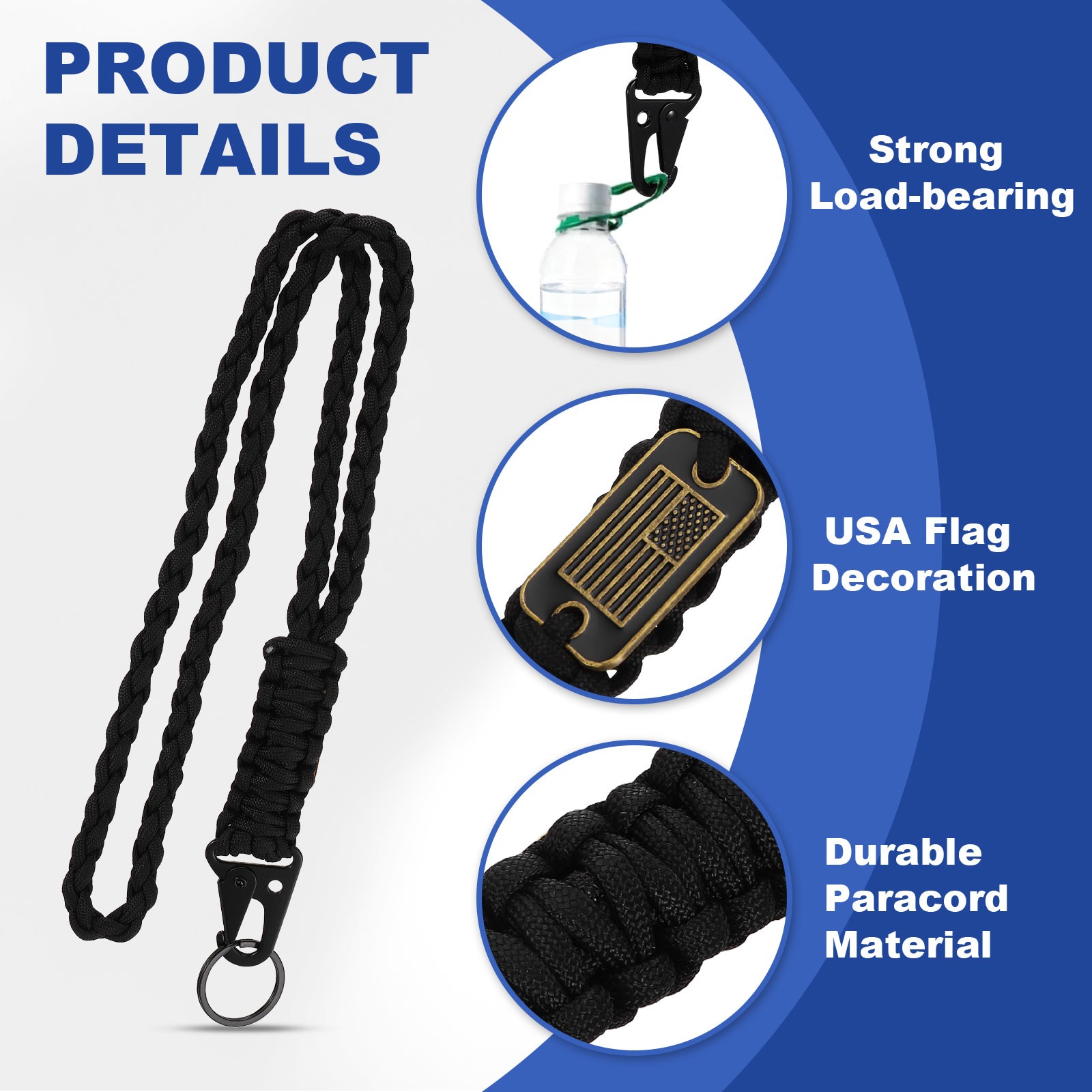 2Pcs Paracord Lanyard, Strong Lanyard with USA Flag, Black, Blue