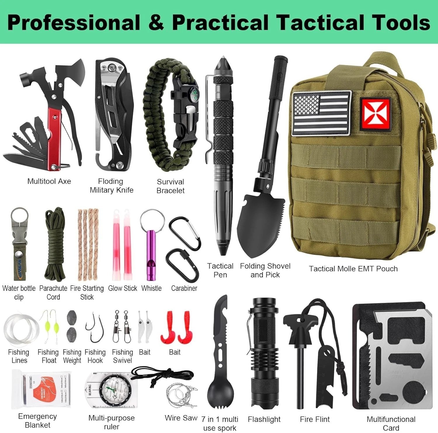 Comprehensive 256-Piece Emergency Survival Kit with Durable Molle Pouch – Green
