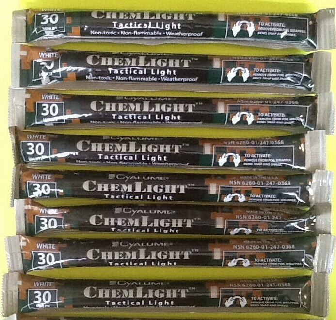 Lot 8 White Cyalume Tactical Light Sticks Emergency Survival Prepper Bug Out Bag