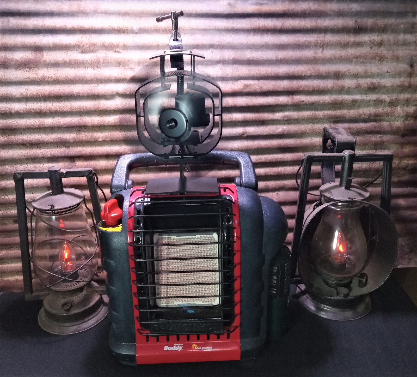 Mr. Heater “Buddy” Single Tank Wood Stove, Heat Powered Fan Mount. Custom Built.
