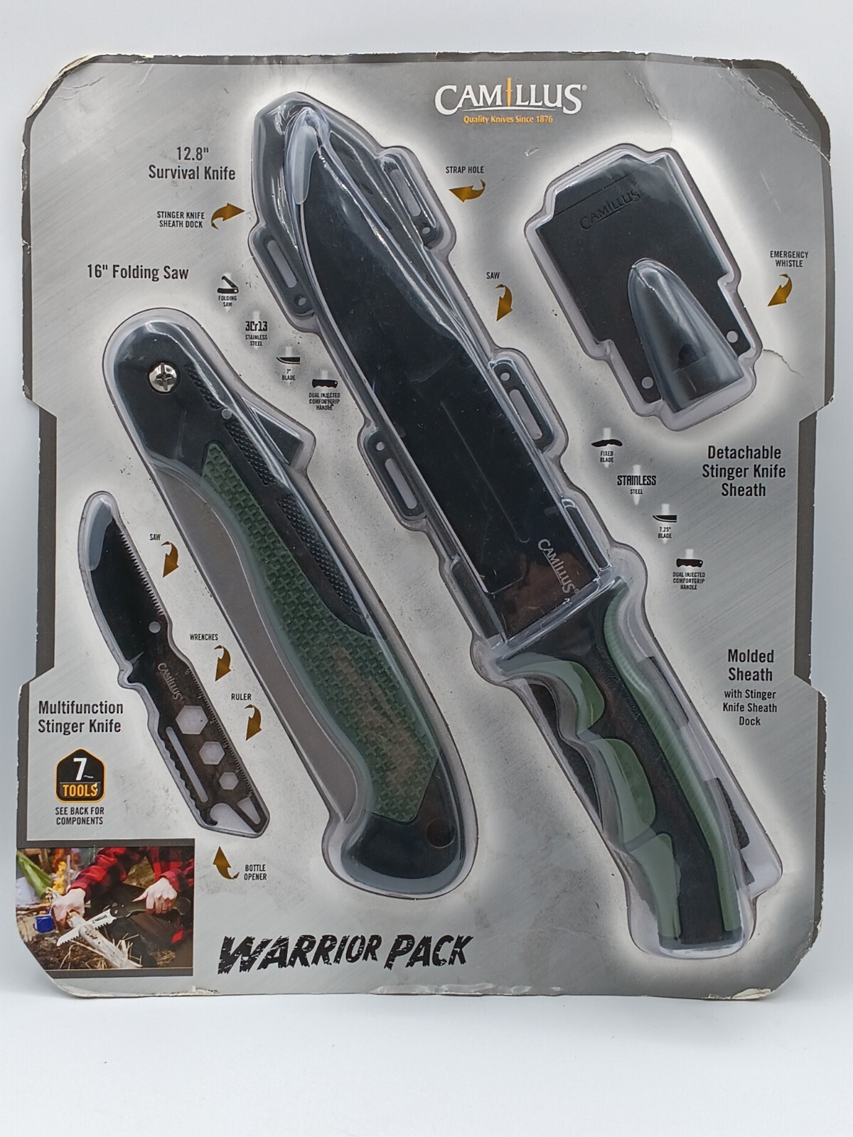 Camillus Warrior Pack 12.8 Survival Knife, Stinger Knife, Folding Knife, Whistle