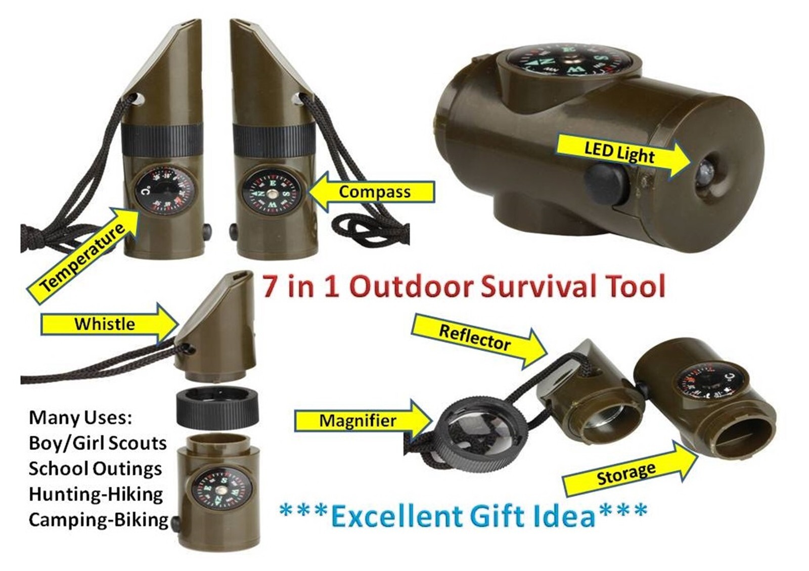 New Outdoor Emergency Survival 7 in 1 Hiking/Camping Tools – 3 Pcs