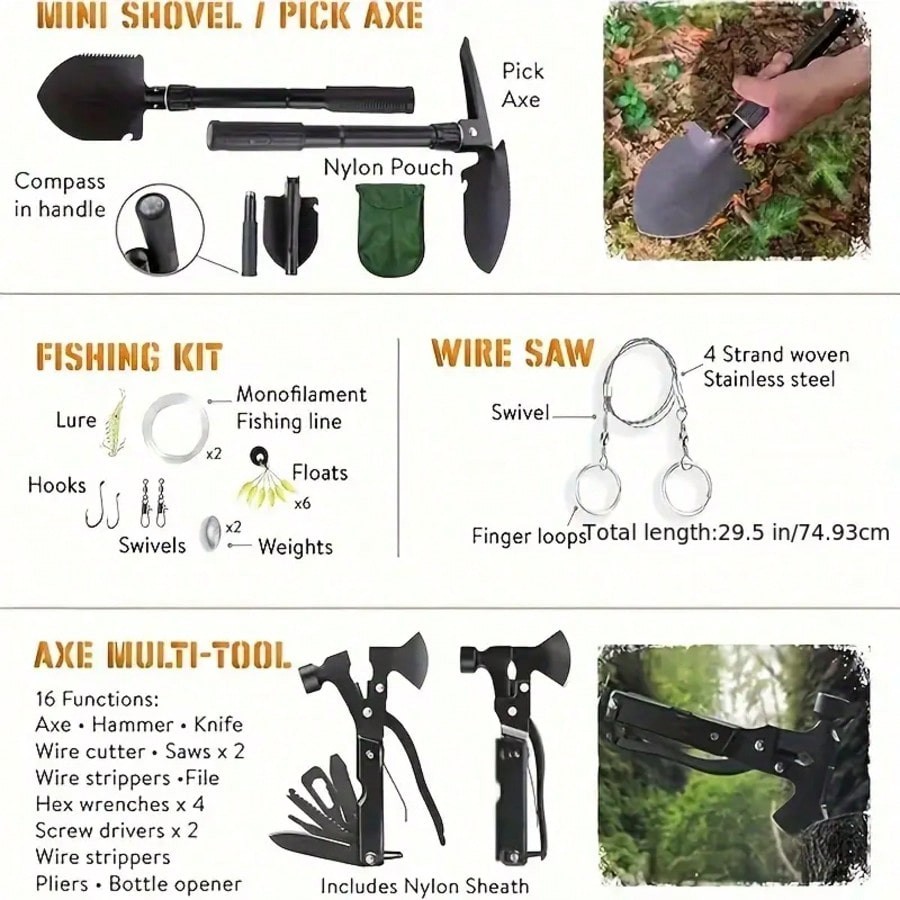 TAIMASI 180pcs Outdoor Survival Kit, Multipurpose Hiking Climbing Backpack-FGQA