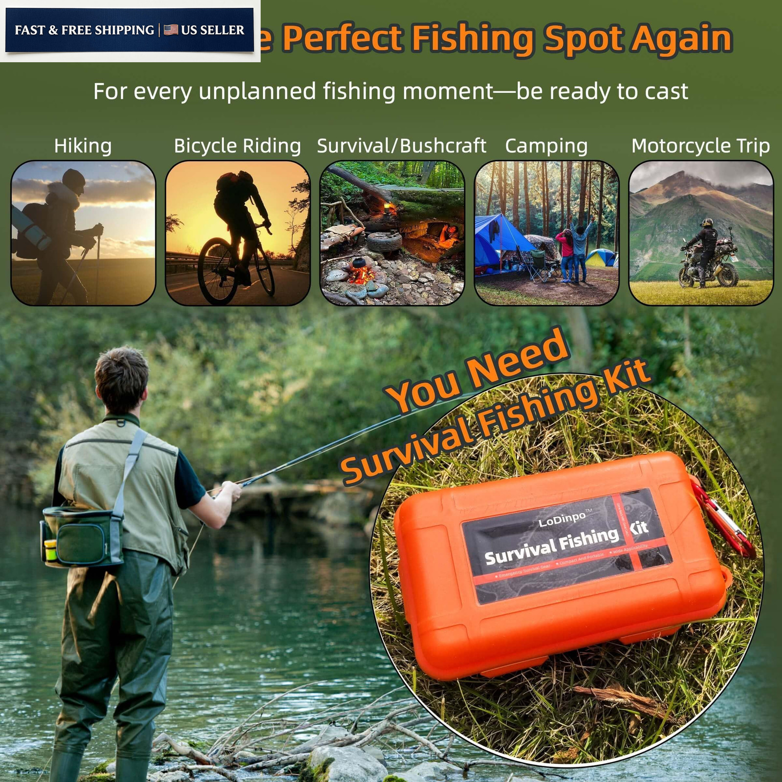LoDinpo Pocket Survival Fishing Kit,Emergency Tackle Small, Wildfire Orange