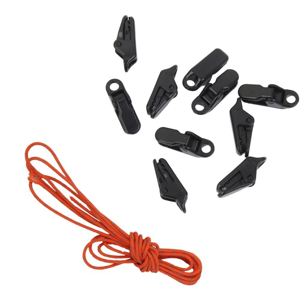 10 Pieces Tent Clamp Snap Clips + 20m Tent Guy Line Rope Cord Paracord