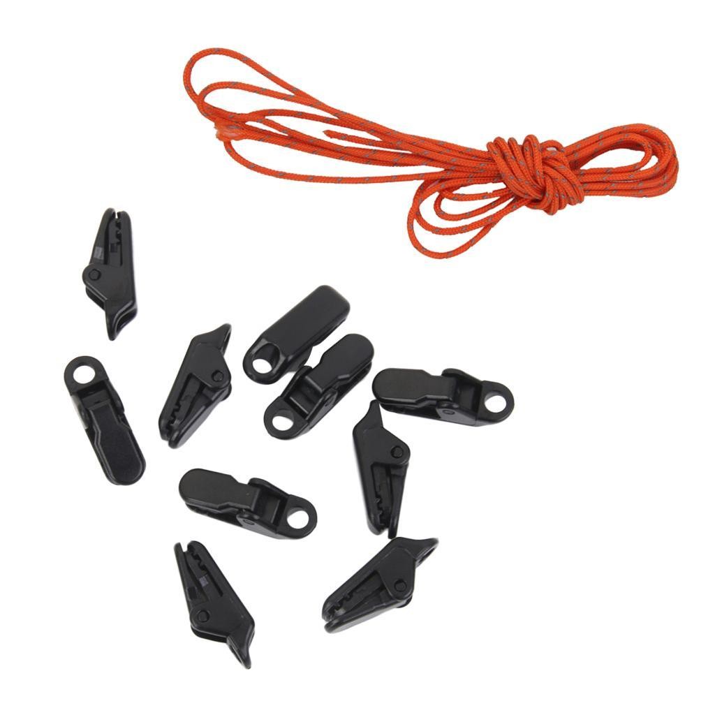 10 Pieces Tent Clamp Snap Clips + 20m Tent Guy Line Rope Cord Paracord