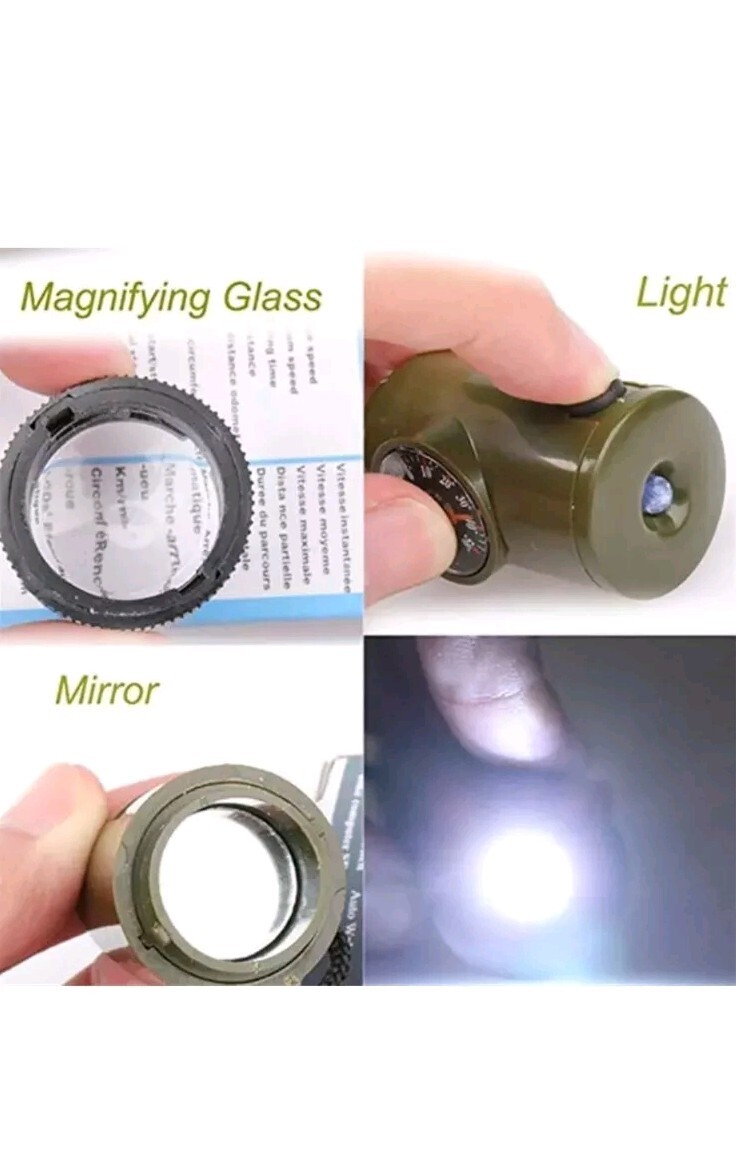 7in1 Multifunction Compass Camping Torch Thermometer Whistle Survival