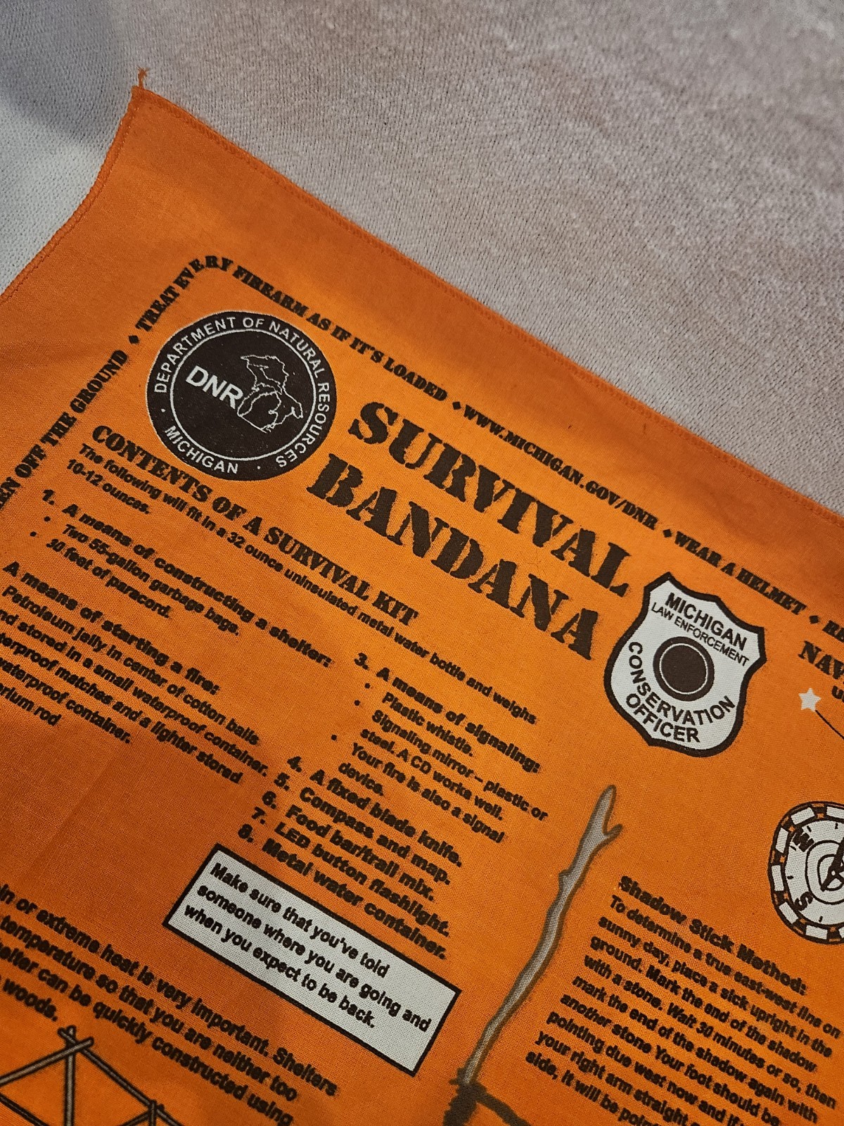 Survival Bandana Michigan DNR Blaze Orange Emergency First Aid Scarf Hiking