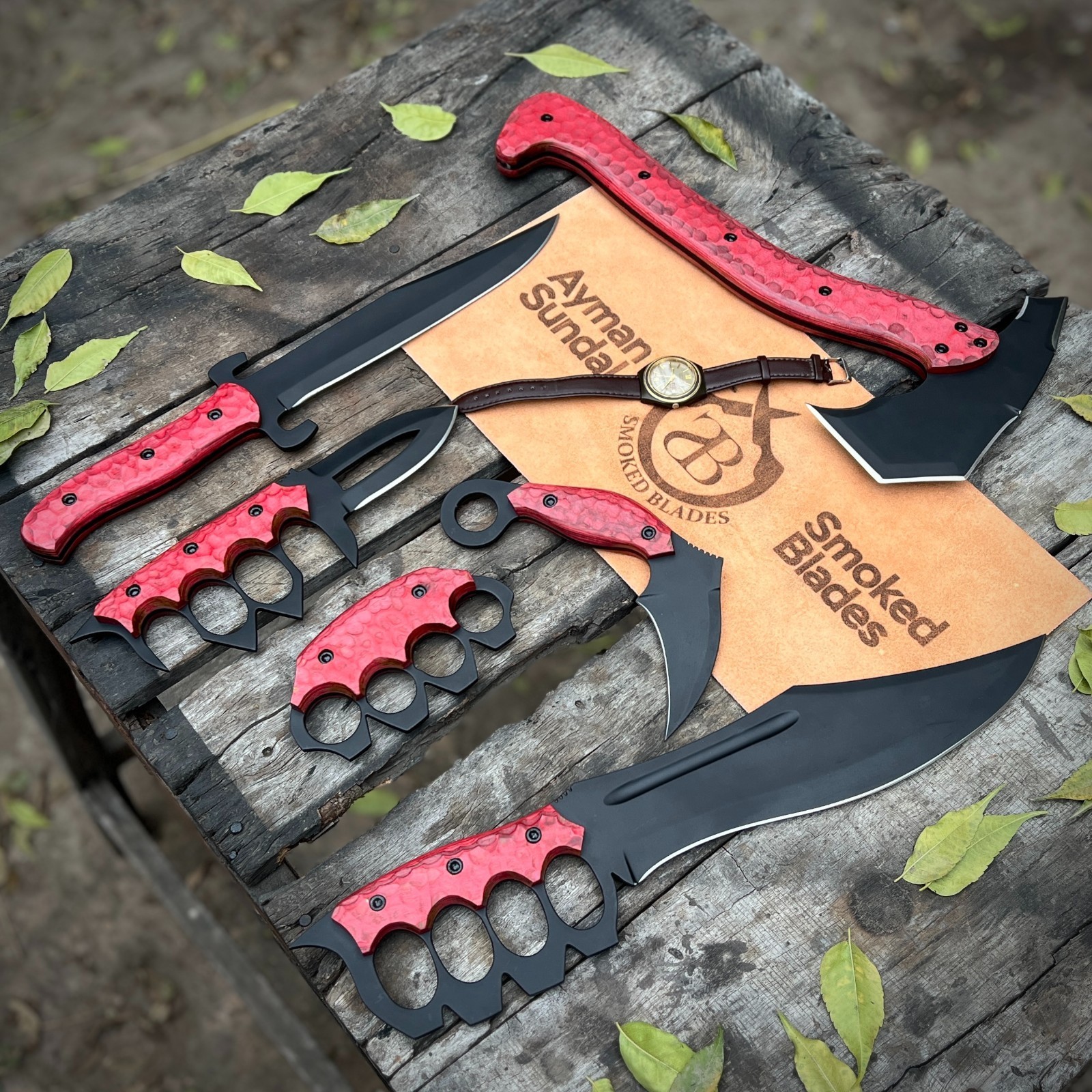 Survival Set Viking Axe Knife & Blade Decorative Display Knives with Red Handles