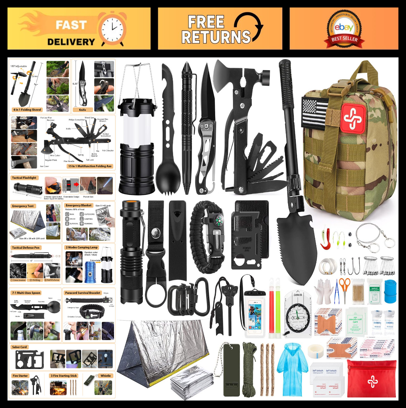 250Pcs Survival Gear Kit with Molle Bag & Emergency Tent – First Aid, Hiking, Ou