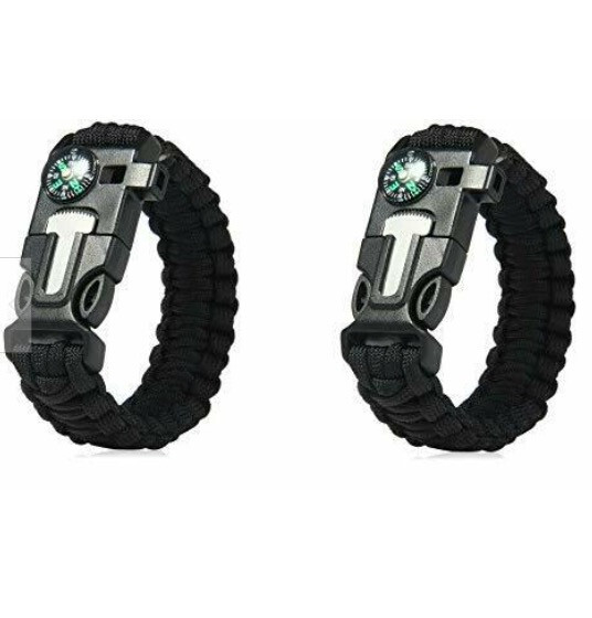 Two X-Plore Gear Black Paracord Bracelets Compass Fire Starter Whistle Survival