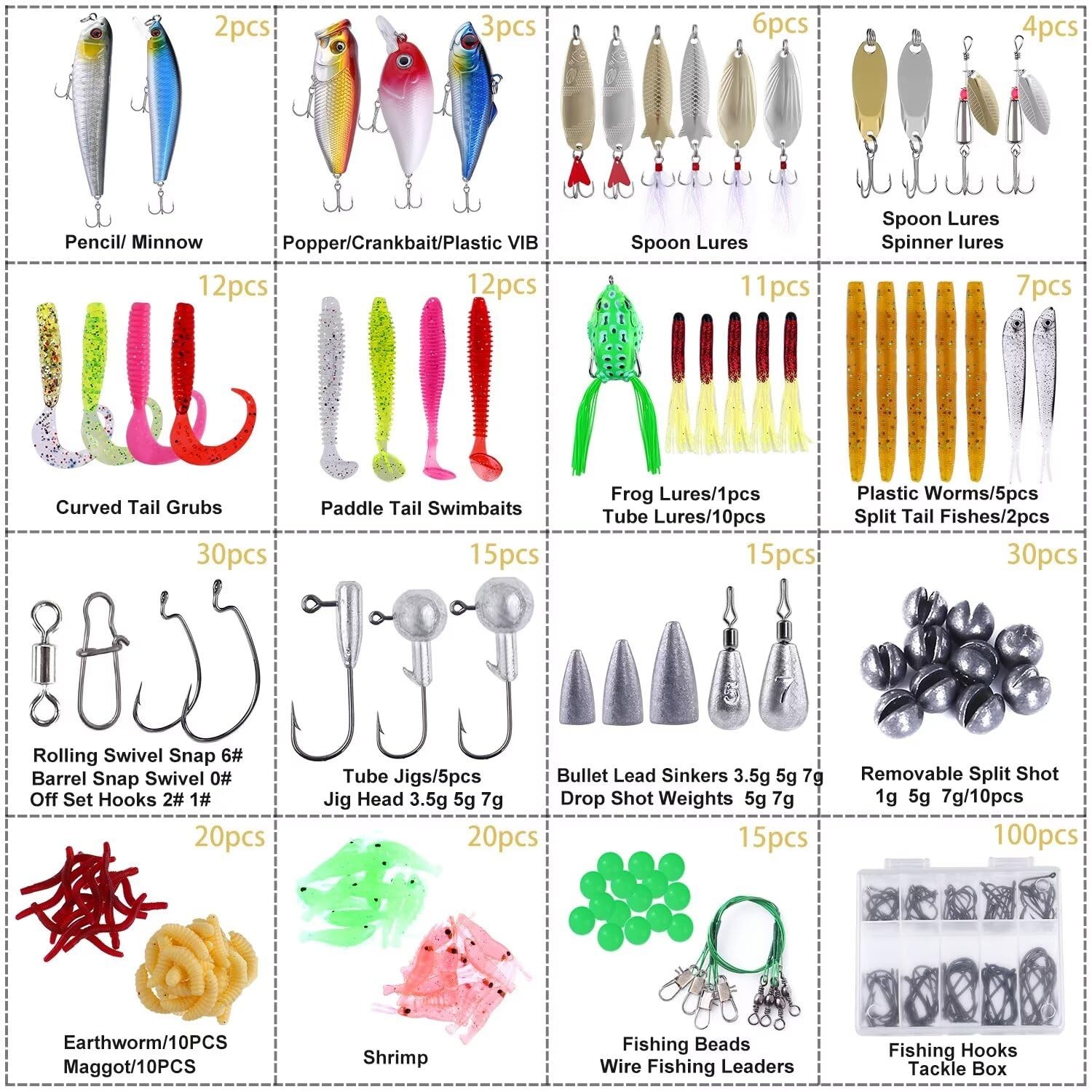 PLUSINNO 302Pcs Fishing Lures, Tackle Box Lures Kit