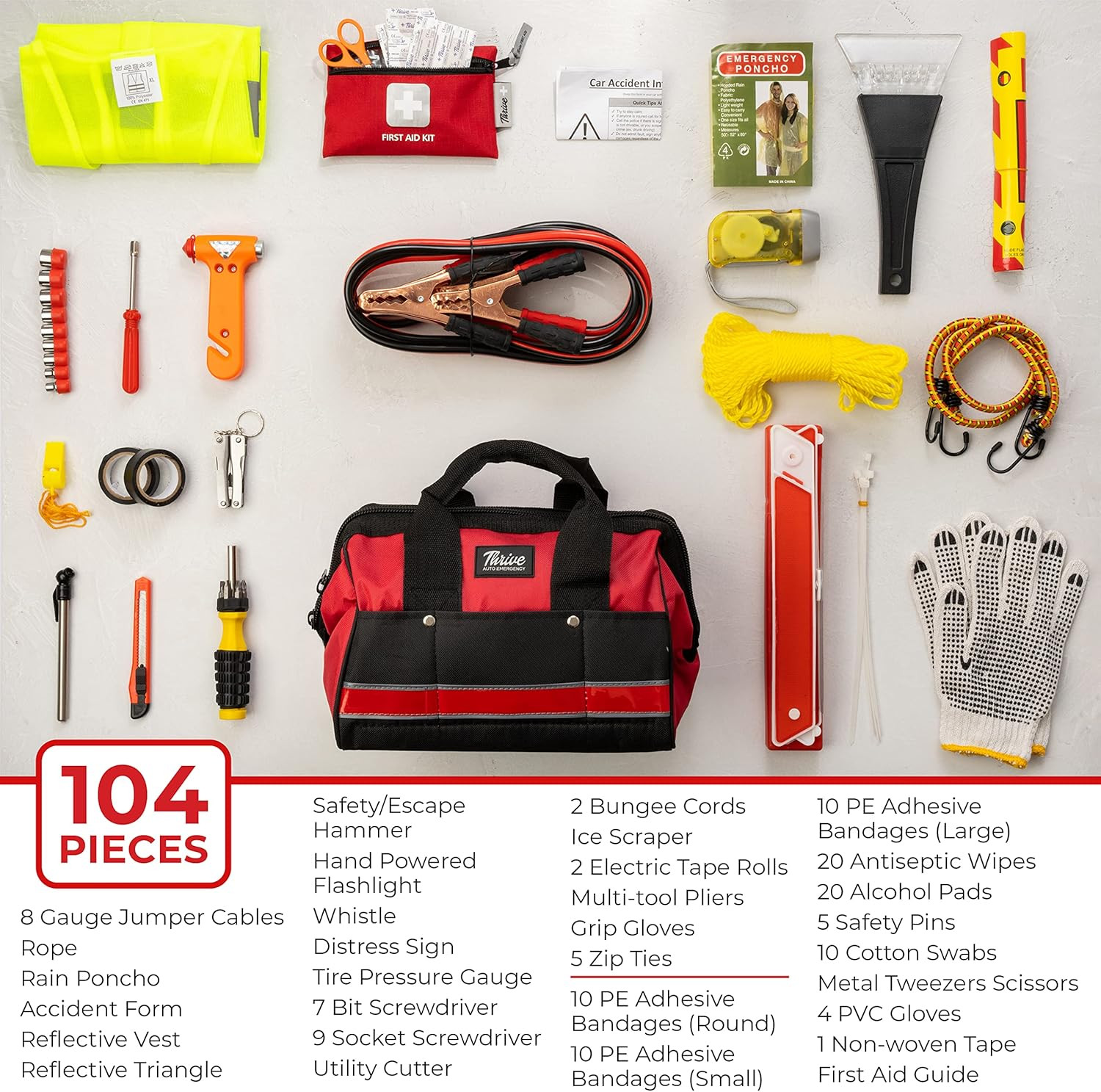 Emergency Car Kit – 104-Piece Set, Red Canvas Bag – Survival Gear & Vehicle Esse