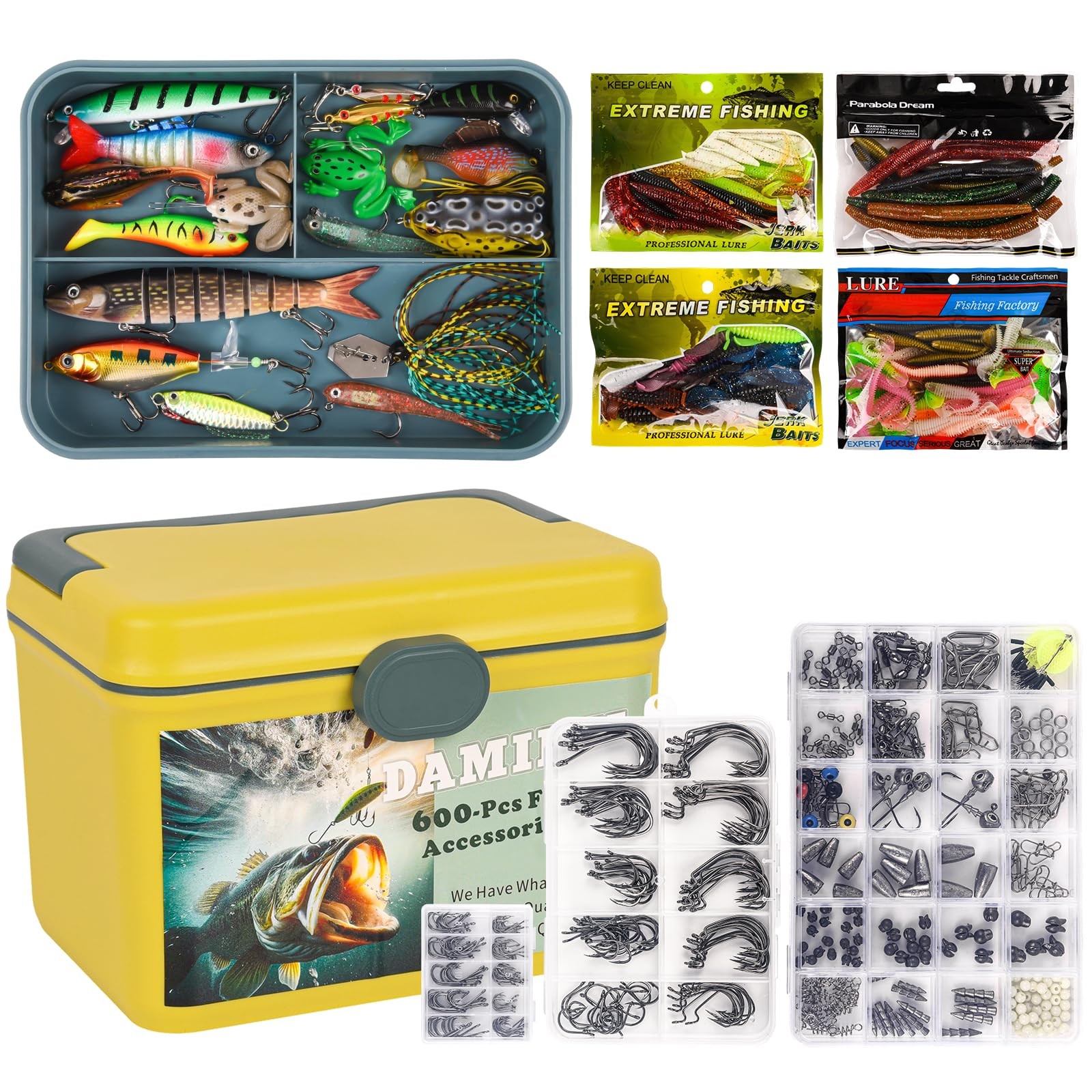 DAMIDEL 600 Pcs/Tackle Box Fishing Kit-Fishing Medium, Red black,while,green
