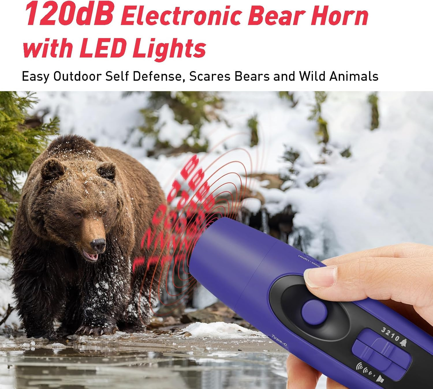 Rechargeable Bear Horn – 120Db Electronic Air Horn with 4 Volume Levels & 3 Tone