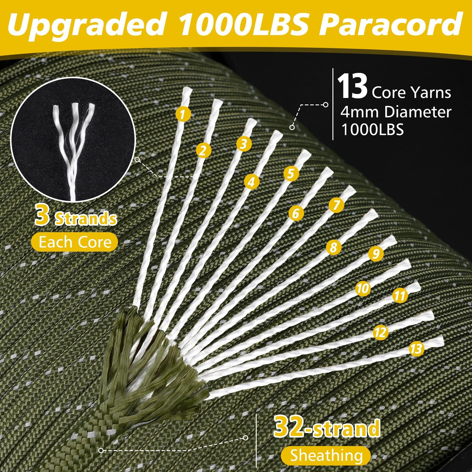 X XBEN Paracord Reflective 1000lb, 50/100/200/500/1000ft 100ft, Neon Green