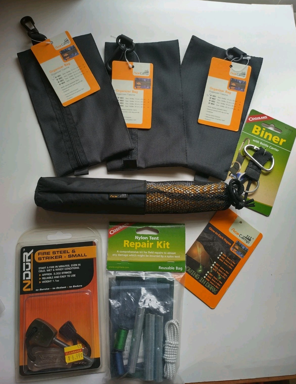 Lot of Camping Gear – 3 Pouches, Glow-in-the-dark Rope, Tent Repair Kit, Etc.