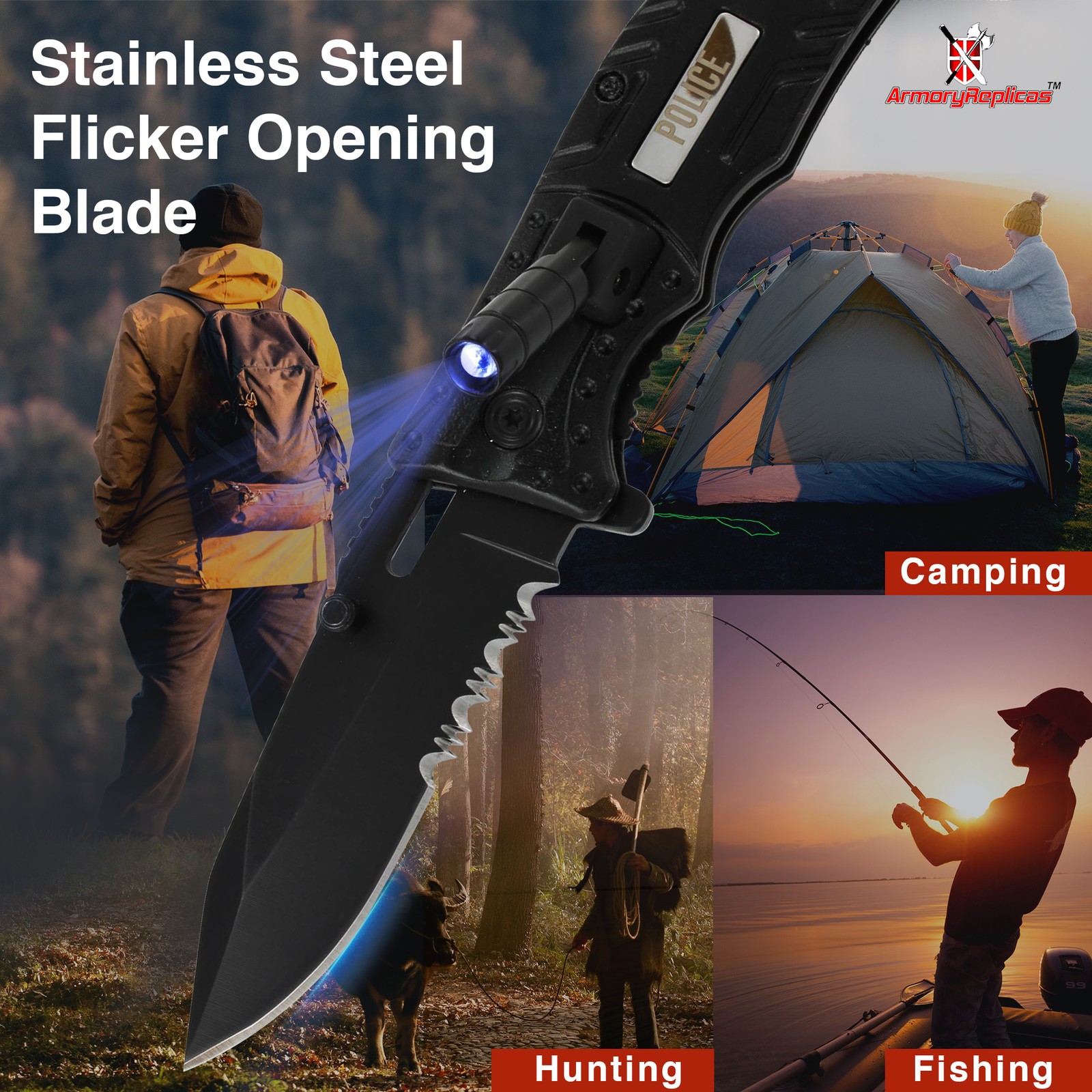 Lethal Defender Emergency Knife | LED Light Pocket Assisted Folding Police Black