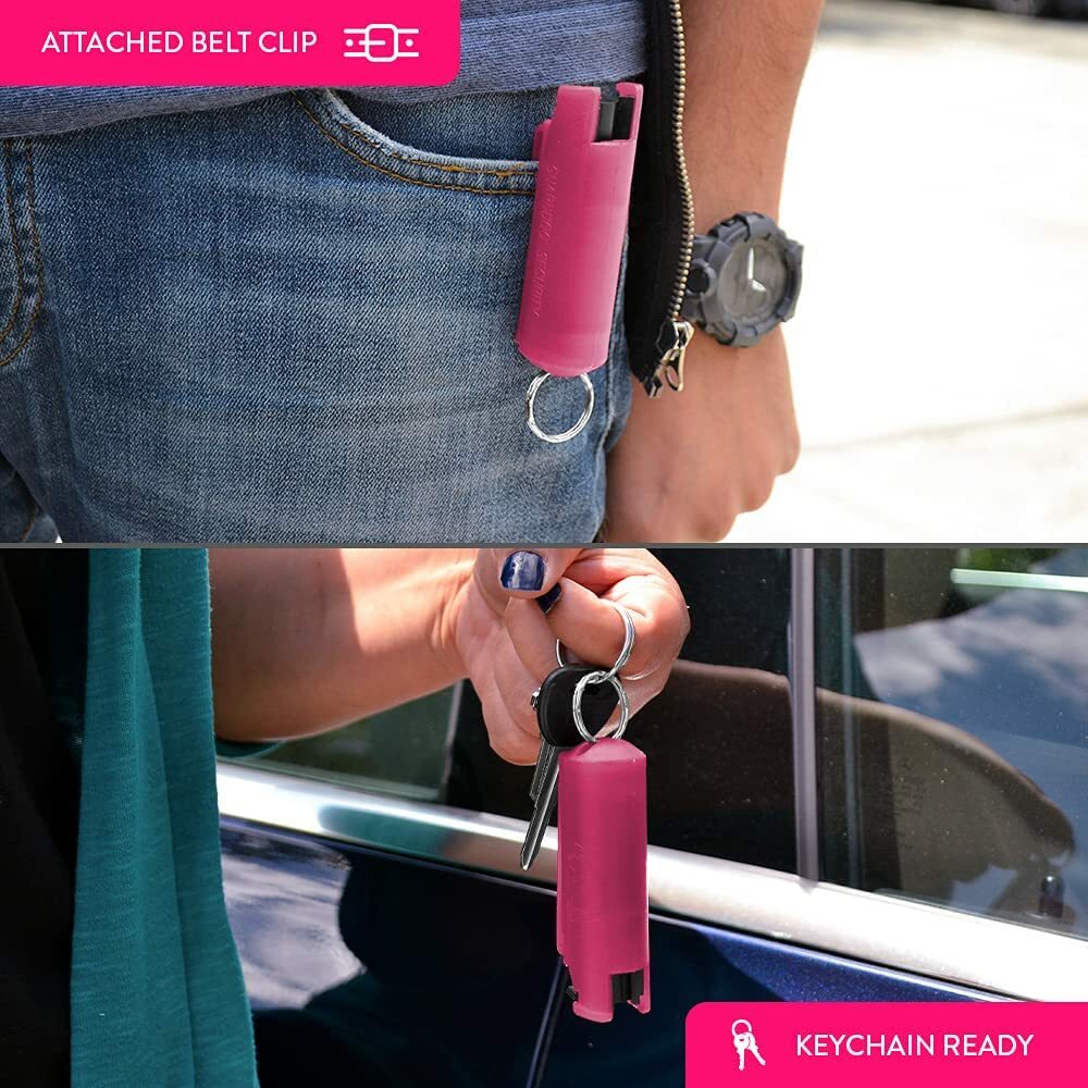 Hard Case Self Defense Pepper Spray Keychain w/ Belt Clip with UV Dye, Pink