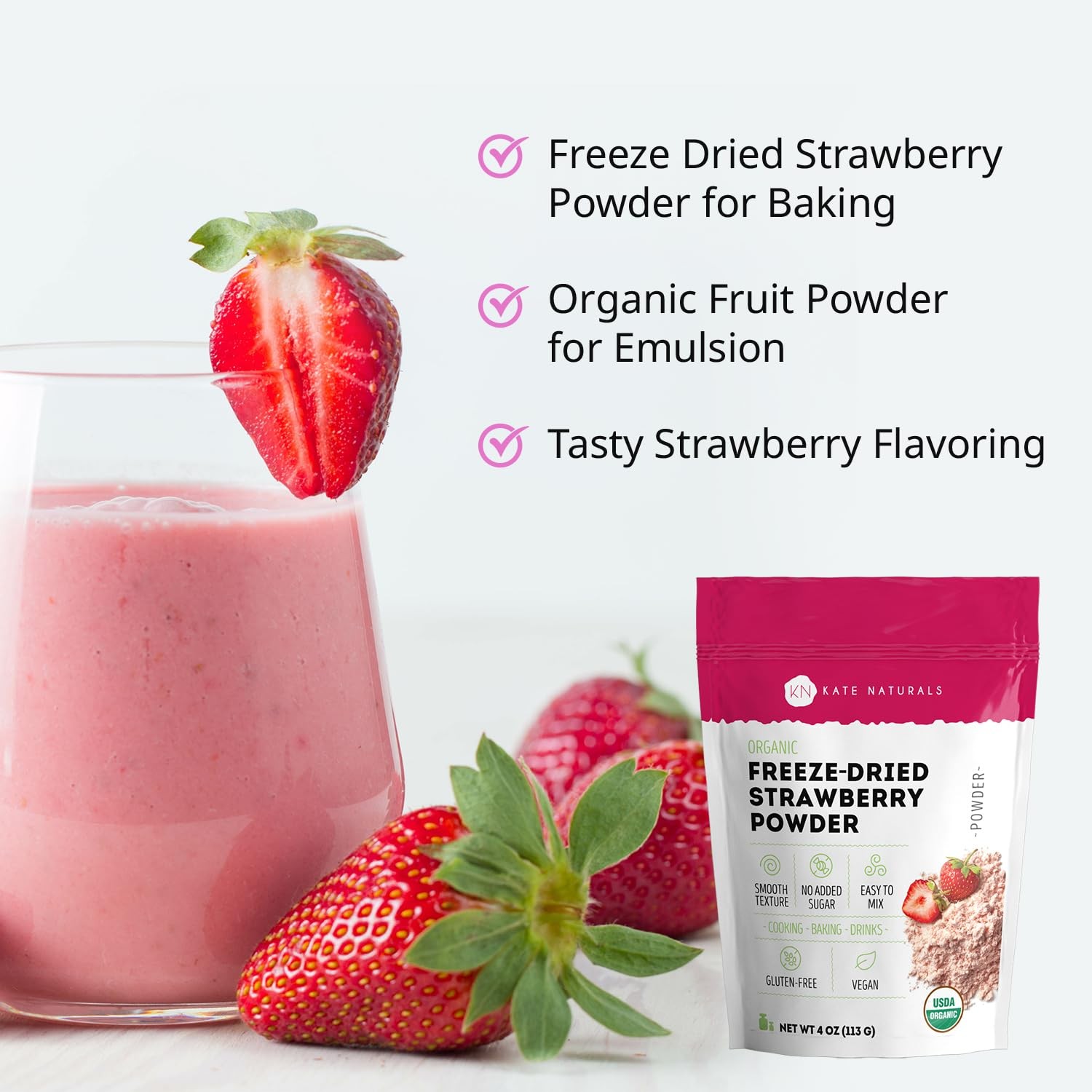 Kate Naturals Organic Freeze Dried Strawberry 4 Ounce (Pack of 1), Pink