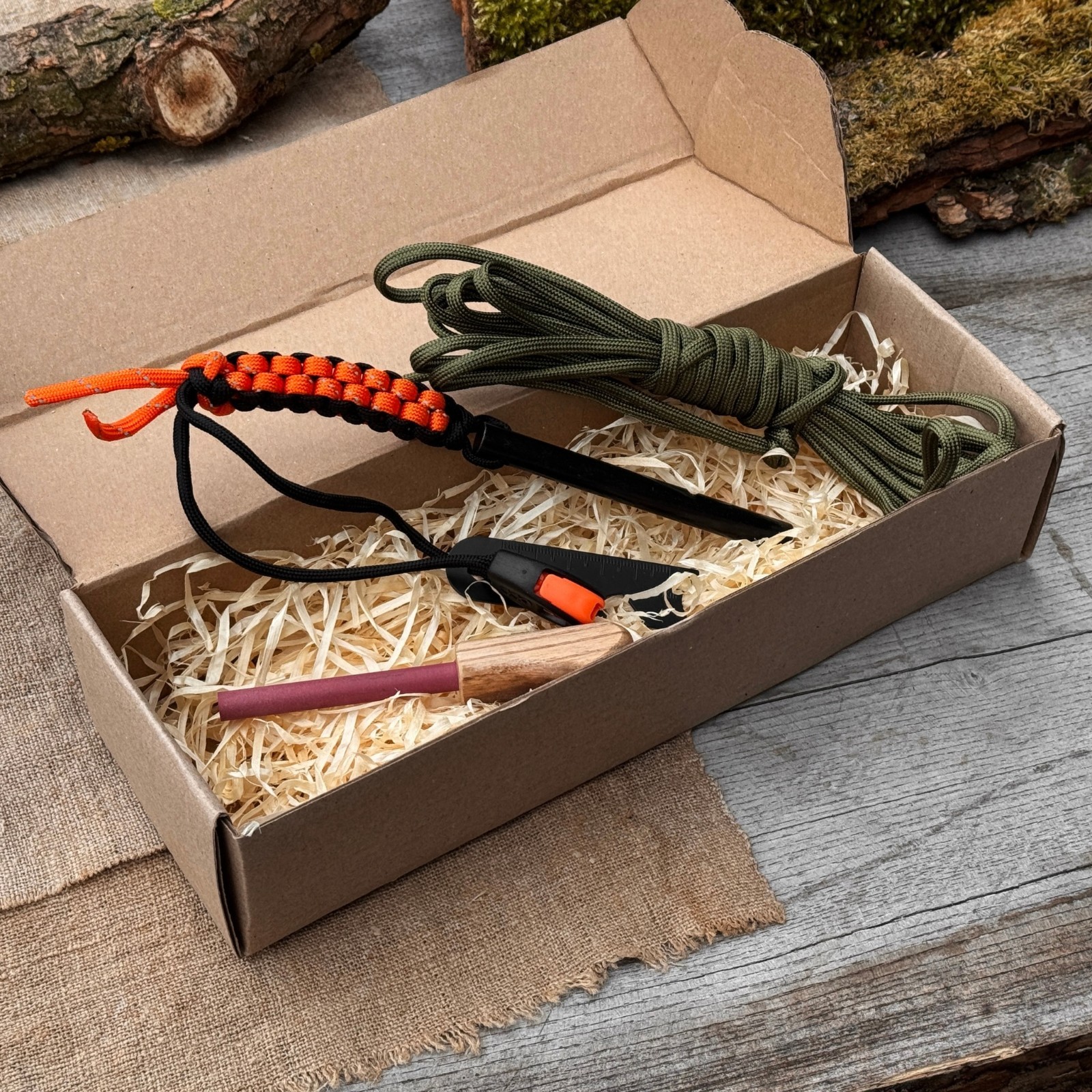 Bushcraft Survival Kit with Ferro Rod Sharpener Paracord Camping Gear Sharky
