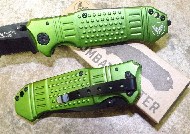 TACTICAL KNIFE BMF Fighter Pocket Knife GREEN Glass Breaker Lanyard Hole NEW!!