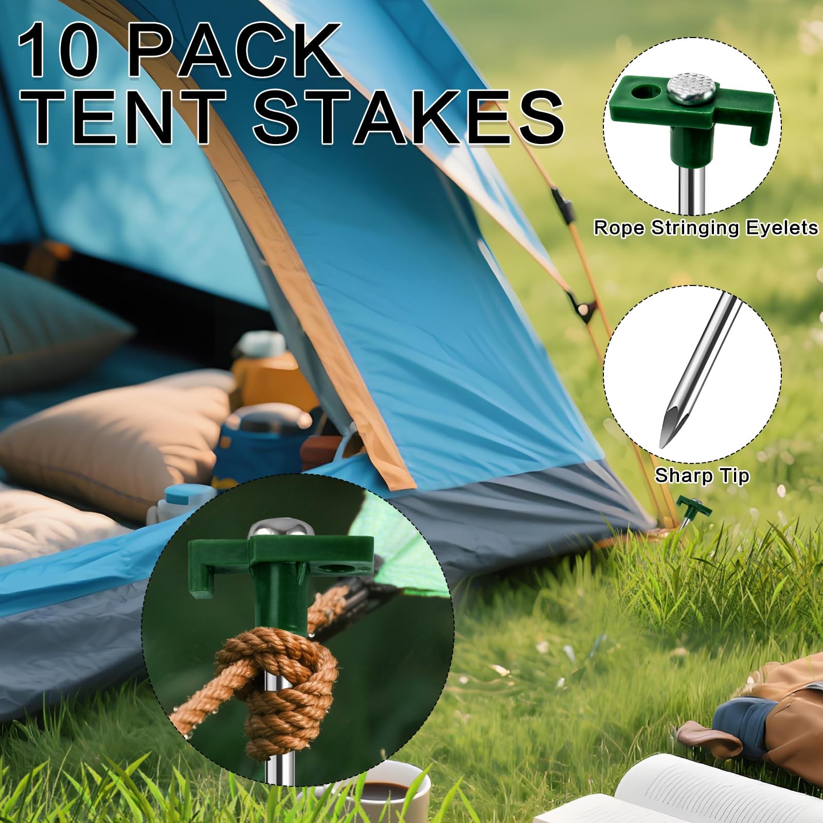 Nexboraque 10 Pack Tent Stakes – 9.75 Inch Galvanized Non-Rust Green 10Pcs