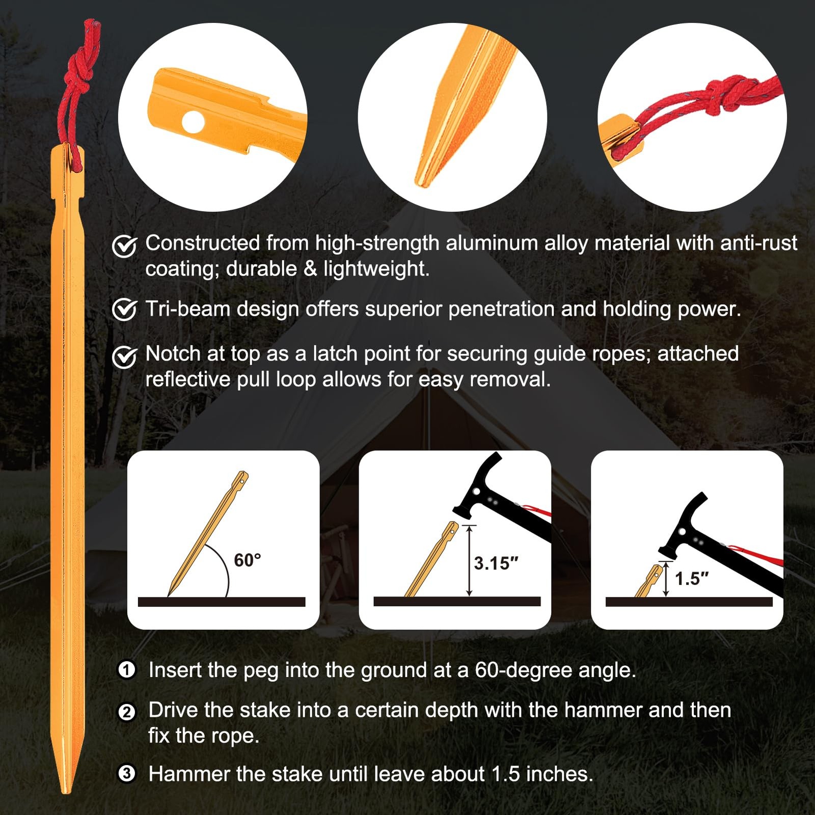 Eurmax USA Hiking Camping Tent Stakes and Hammer Set 9inch(6PCS), Gold