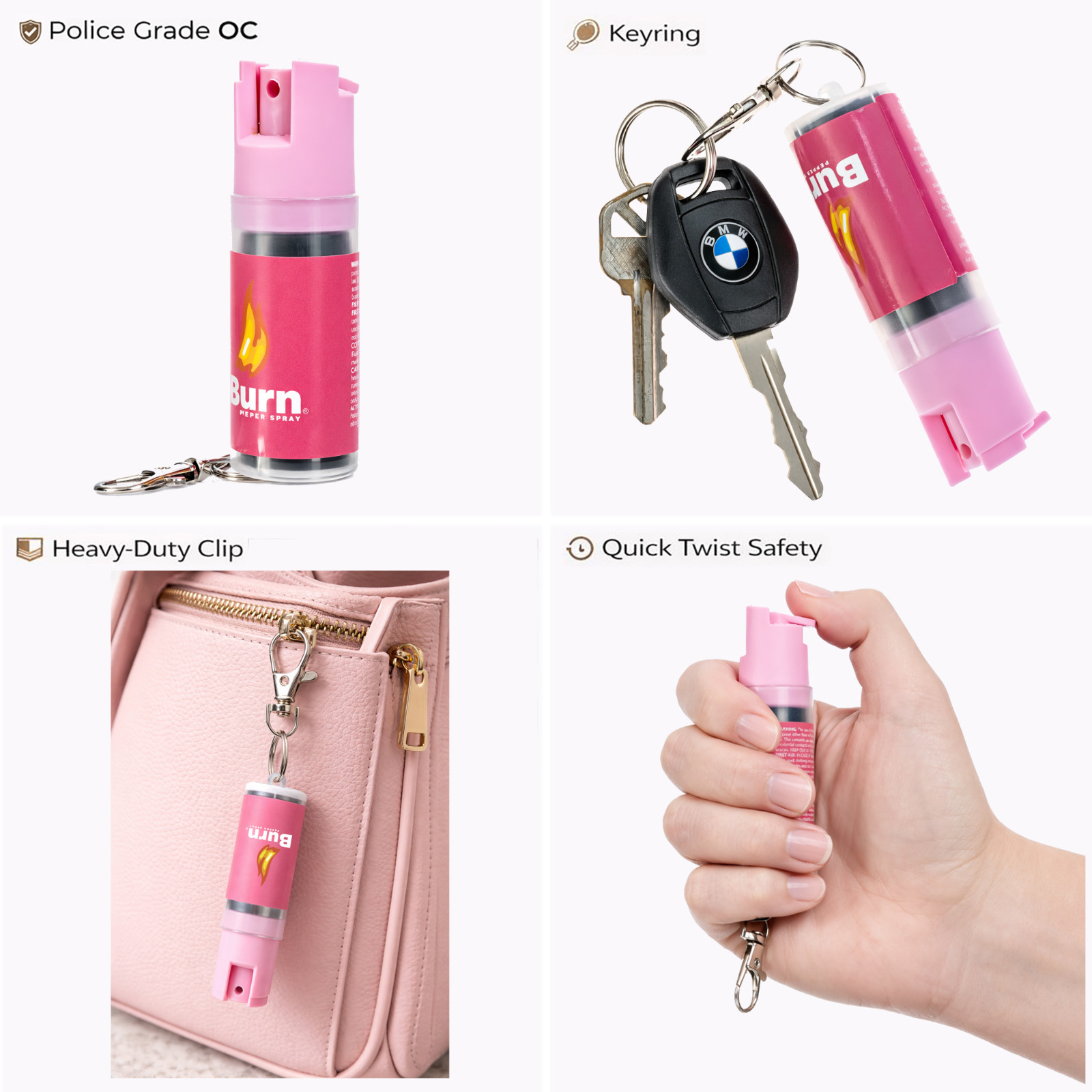2 Pack Burn Pepper Spray Keychain Police Strength OC 0.5oz Self Defense Pink