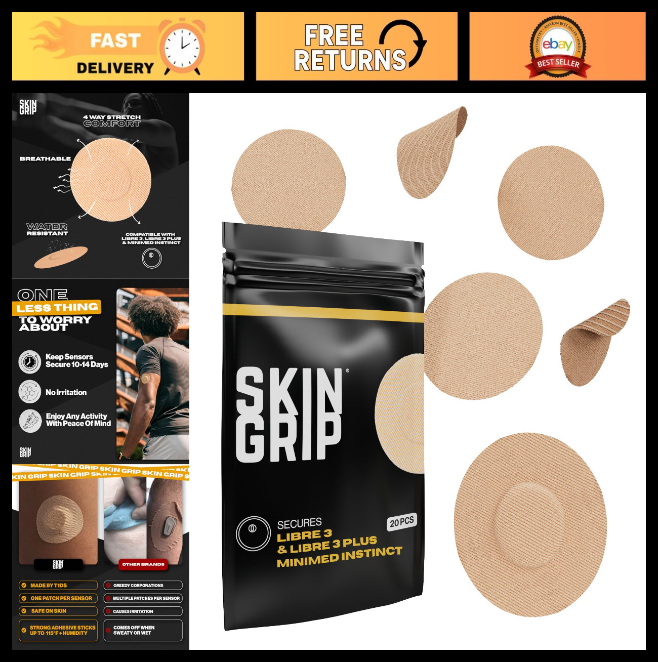 Waterproof Sweatproof Adhesive Patches for Freestyle Libre 3 – 20 Pack, Tan, CGM
