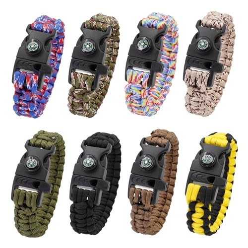 8 Pack Emergency Survival Bracelet with Whistle and Compass,Survival