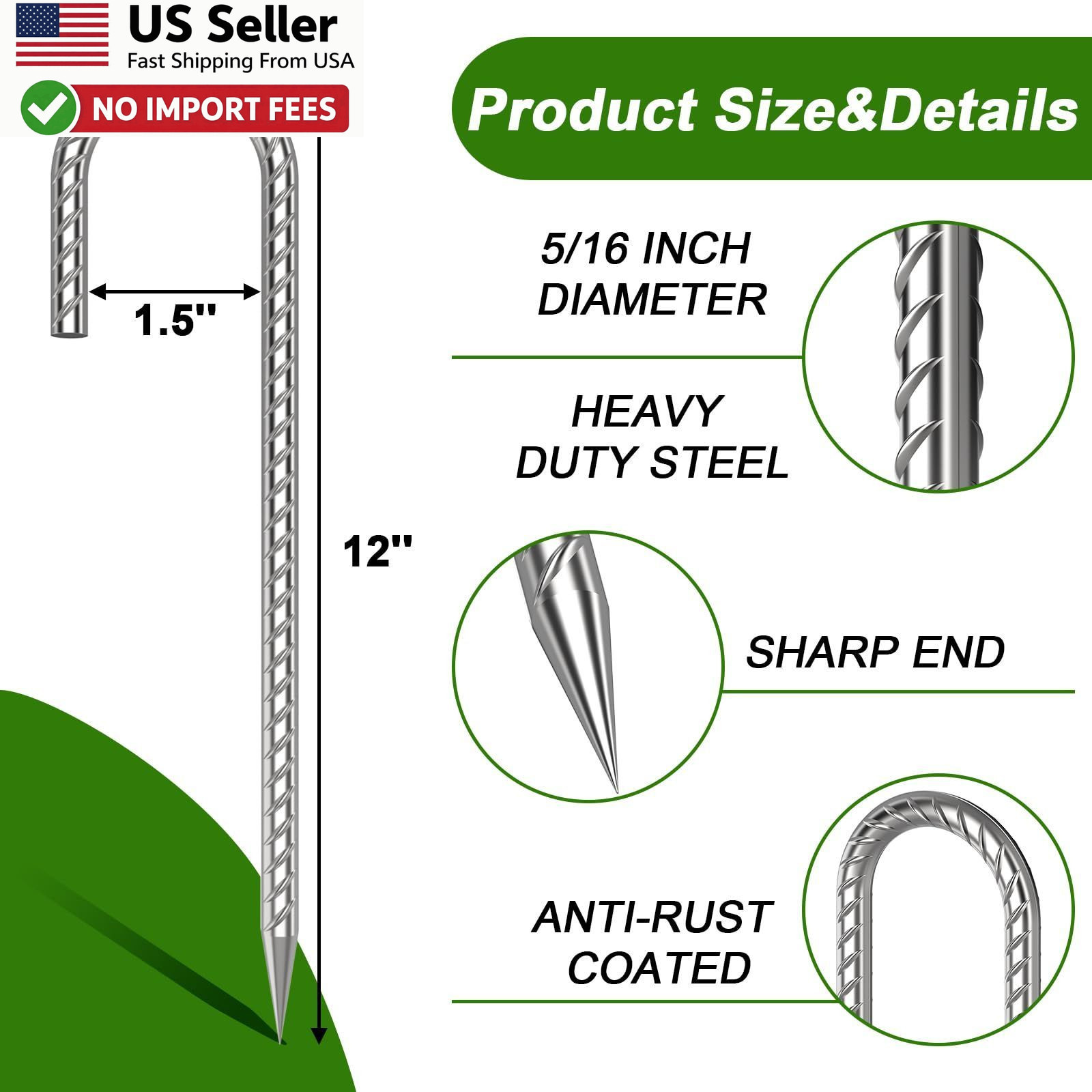 12in J Hook Rebar Stakes 6 Pack Galvanized Steel Ground Anchors FROM USA