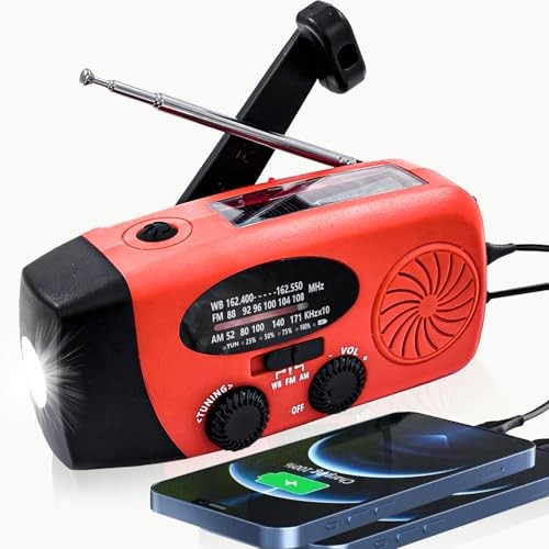 Portable 2000mAh Hand Crank Emergency Solar Panel SOS Weather Radio, Self Red