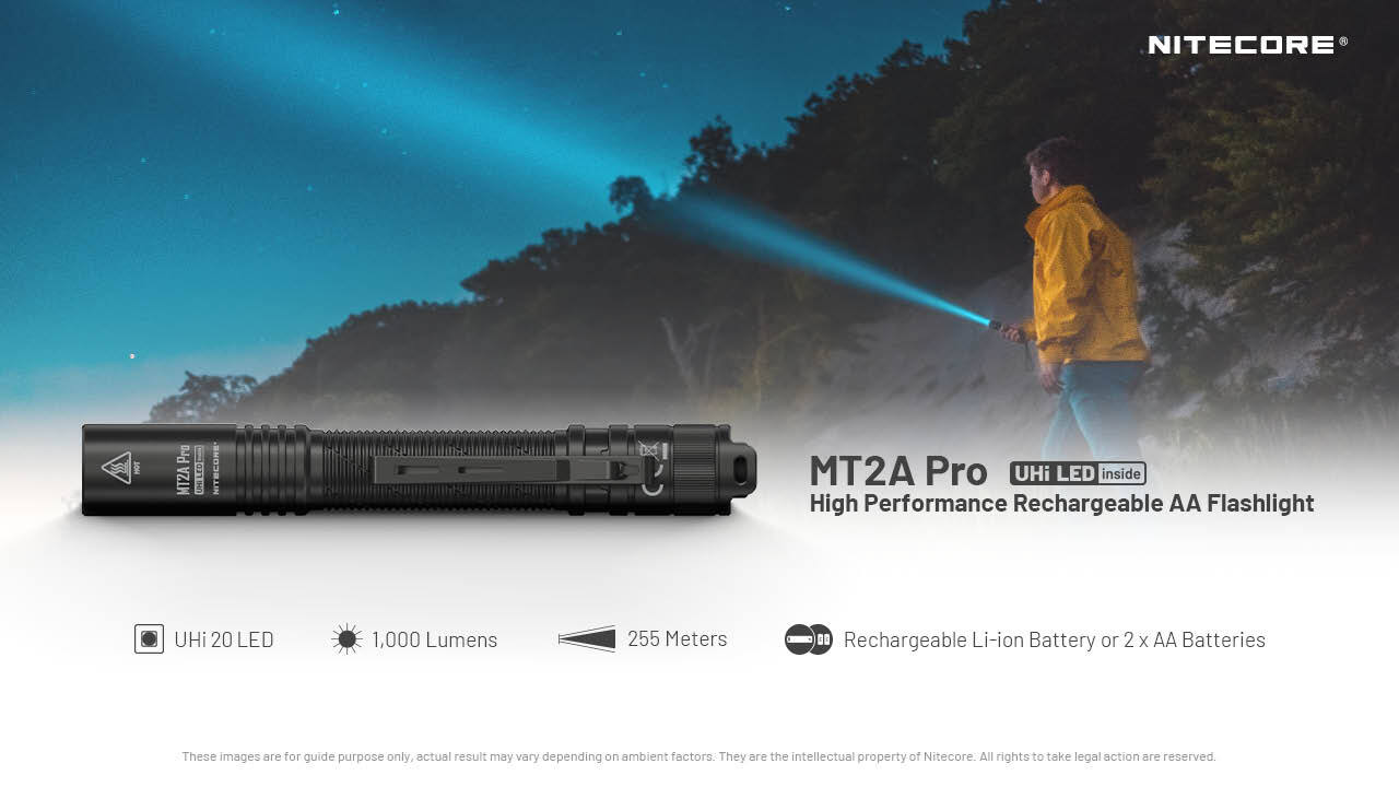 Nitecore MT2A Pro 1000 Lumen Rechargeable EDC Flashlight, Use 2x AA