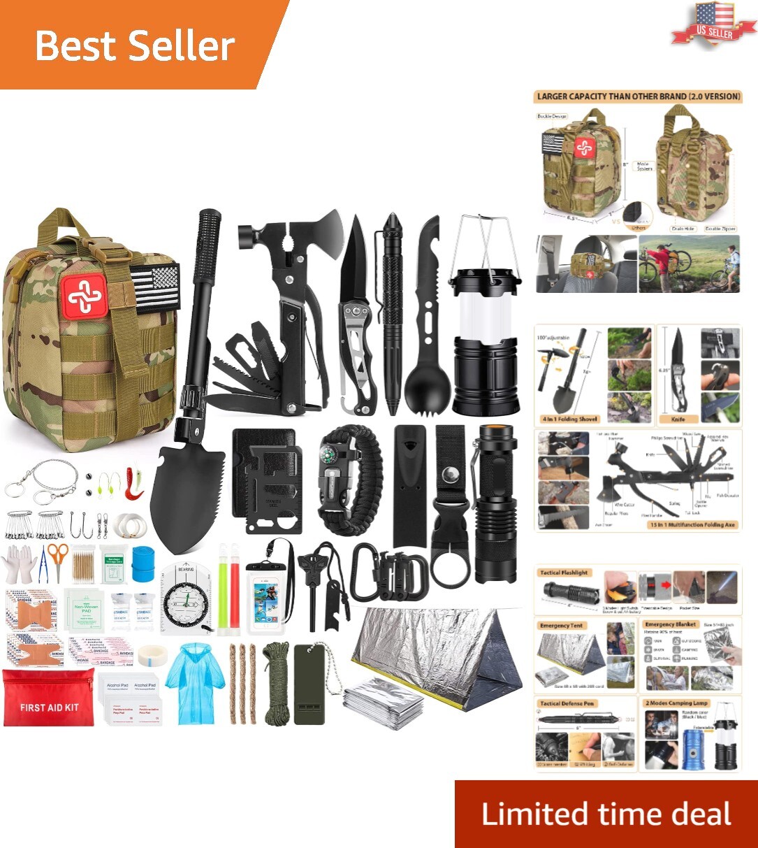 Emergency Survival Kit: 250 Pieces with Molle Bag & Tent for All Conditions