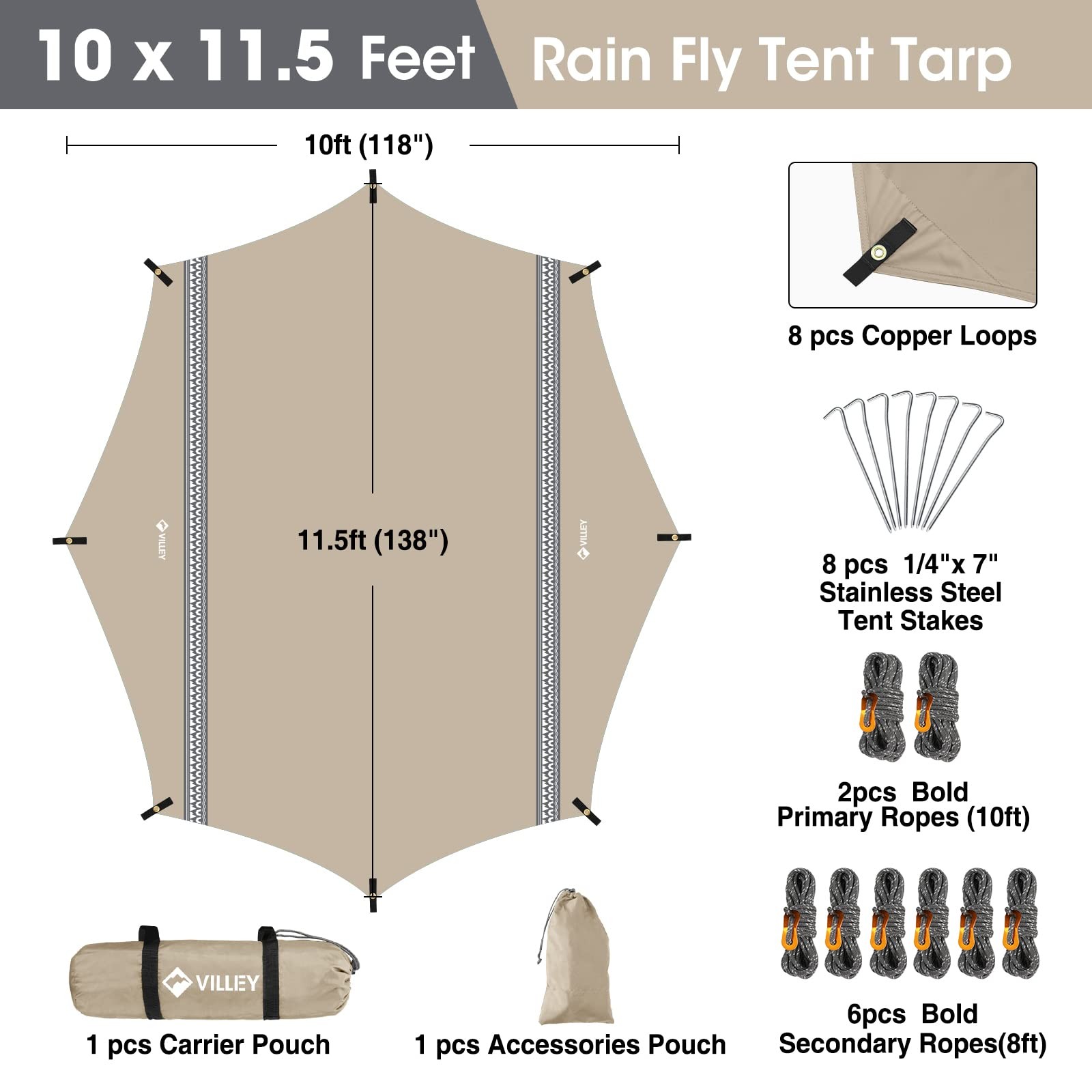 VILLEY Hammock Tent Rain Fly, Octagonal Waterproof Camping 10 x11.5FT, Khaki