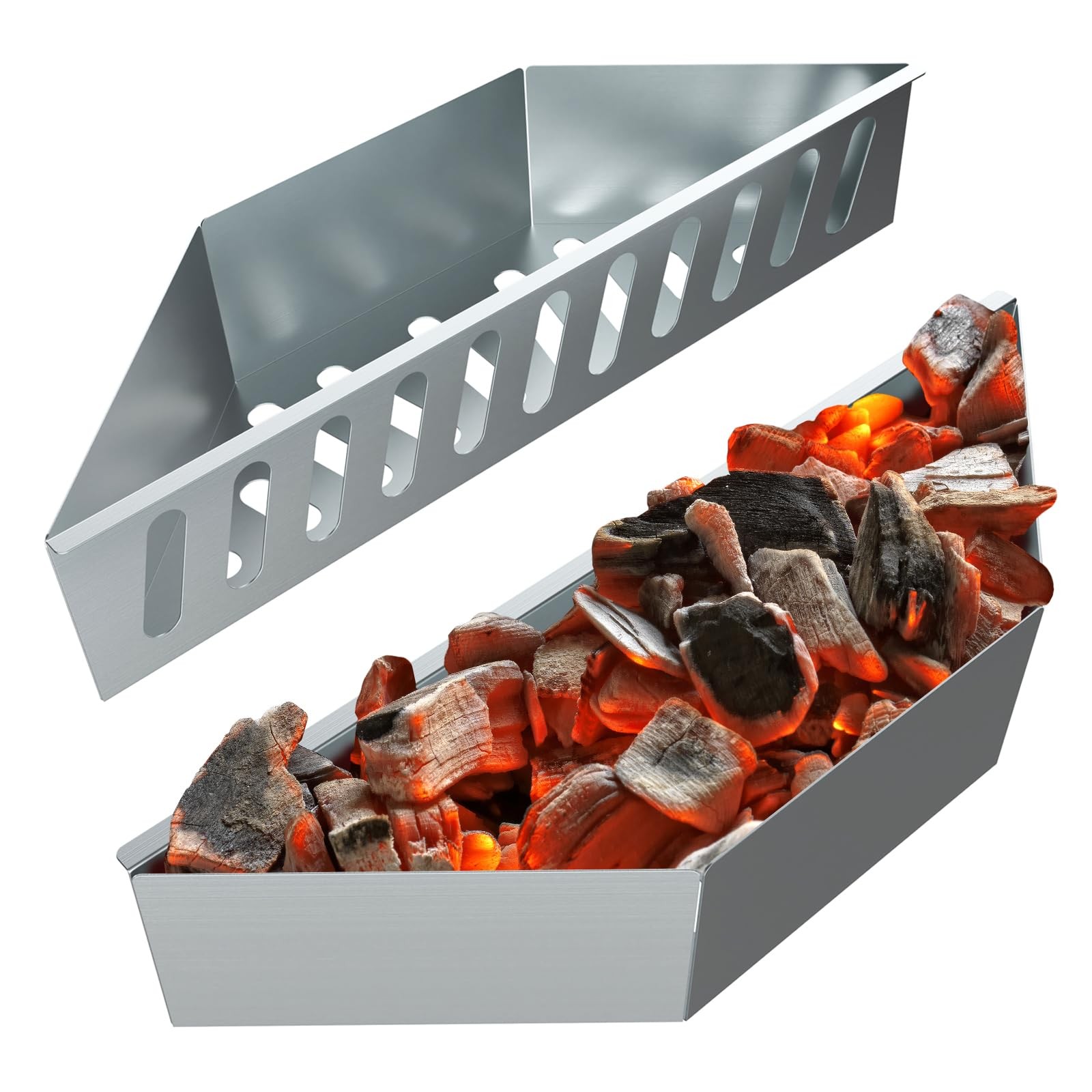 BBQCuker Charcoal Basket,Set of 2 Tray for 14.2x4x3 inches, silver