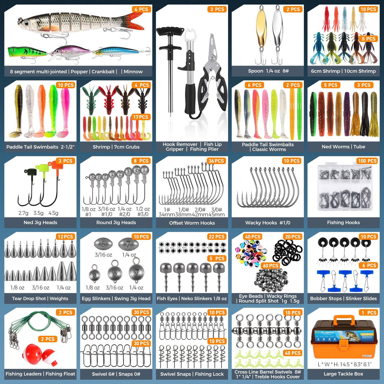 PLUSINNO Large 4-Layer Tackle Box with 14.5″ x 8.3″ x 8.1″, Orange