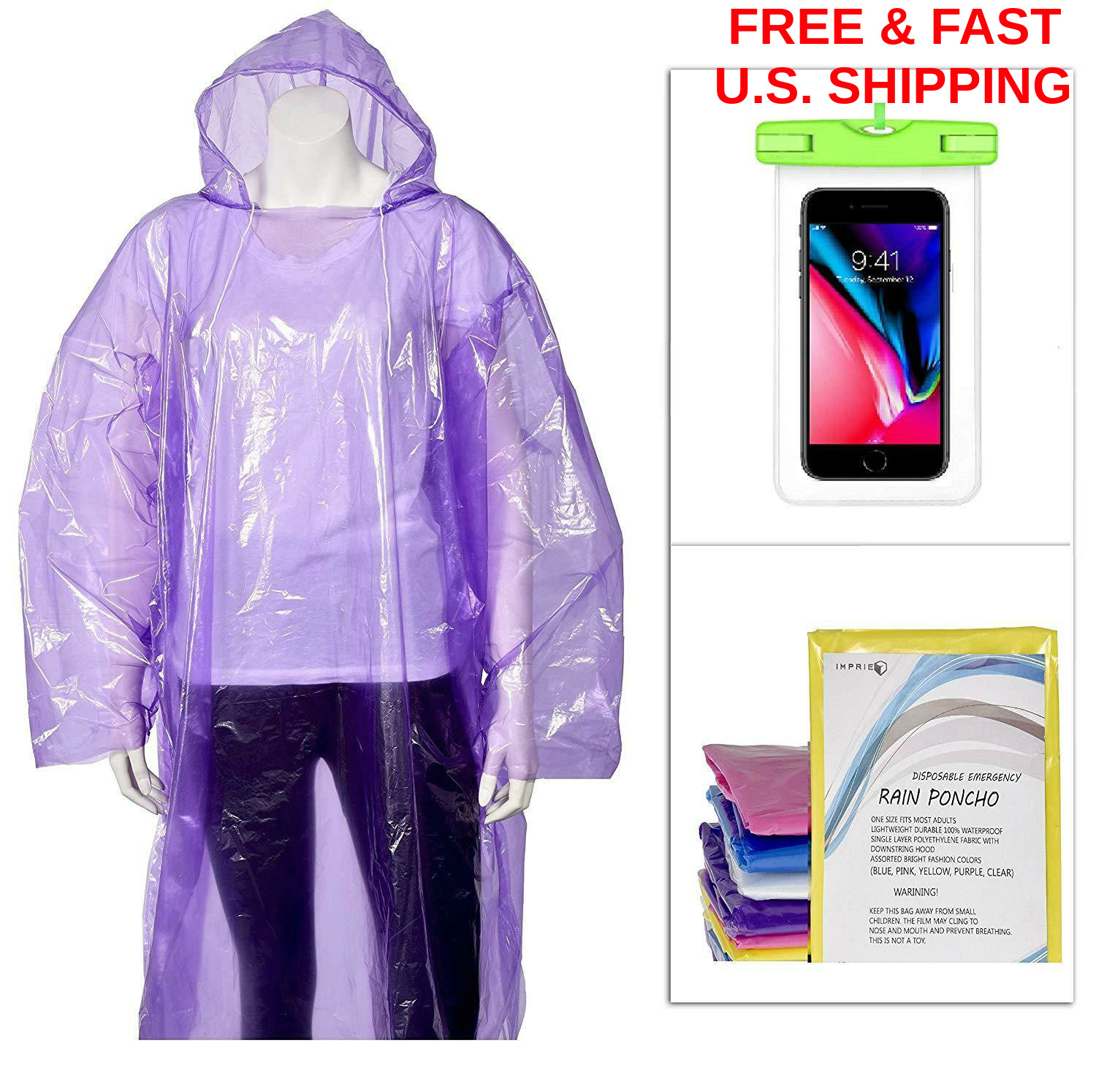 RAIN PONCHOS Survival W/Hood Drawstring FREE Phone Pouch Waterproof EMERGENCY
